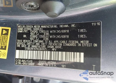 2017 Toyota Highlander Le Plus from USA, damaged, VIN 5TDBZRFH7HS360925